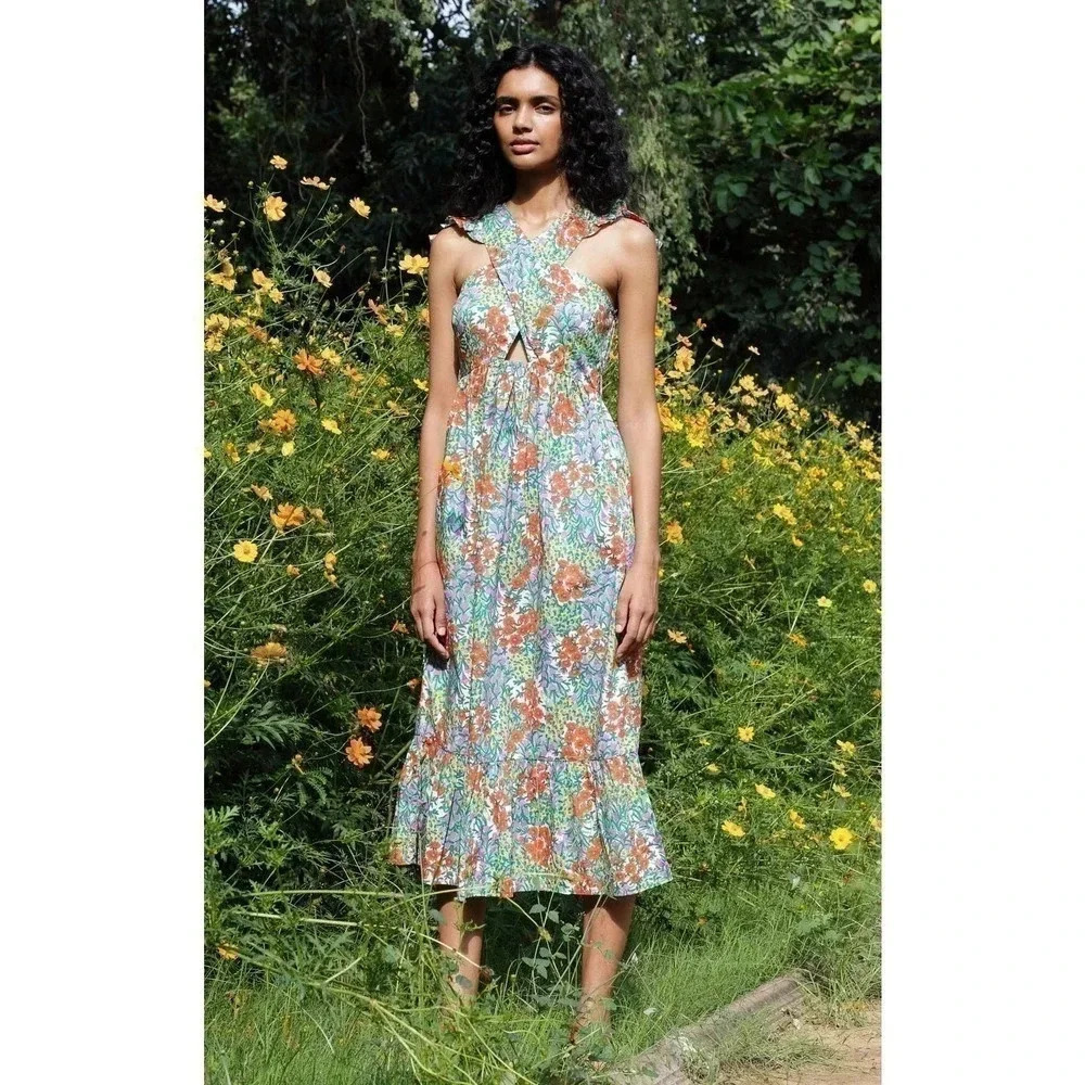 Banjanan 100% Cotton Floral Midi Dress in Green, Red, and Blue